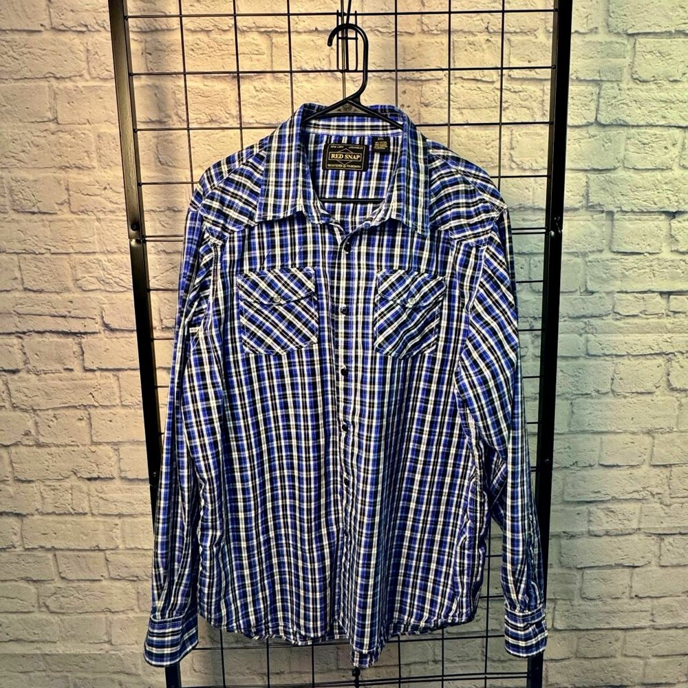 Red Snap Men’s Plaid Western Shirt Blue Black Pearl Snap XXL